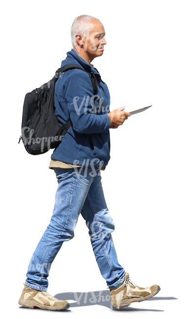 elderly man with a backpack walking on the street - VIShopper