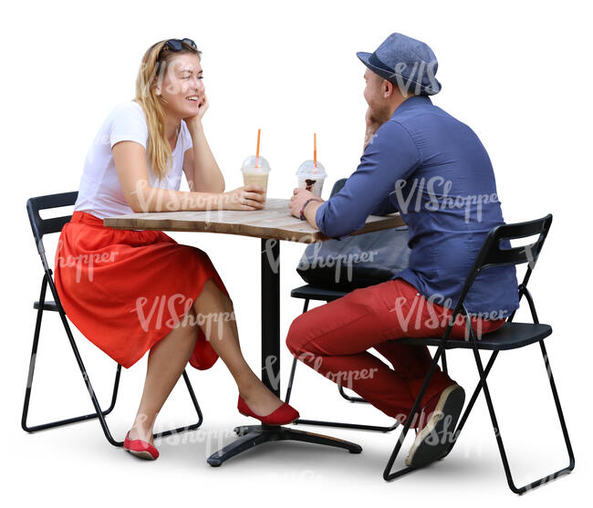 couple sitting in a cafe and drinking ice coffee