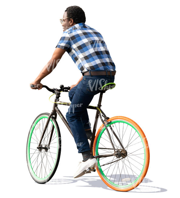 black man in a checkered shirt riding a bicycle