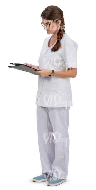 young nurse standing and reading some papers