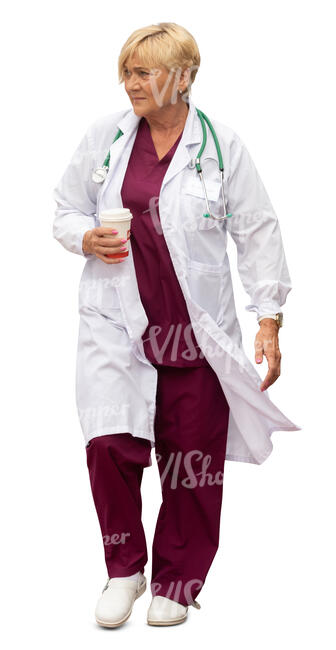 cut out female doctor with a coffee cuo in her hand walking hastily