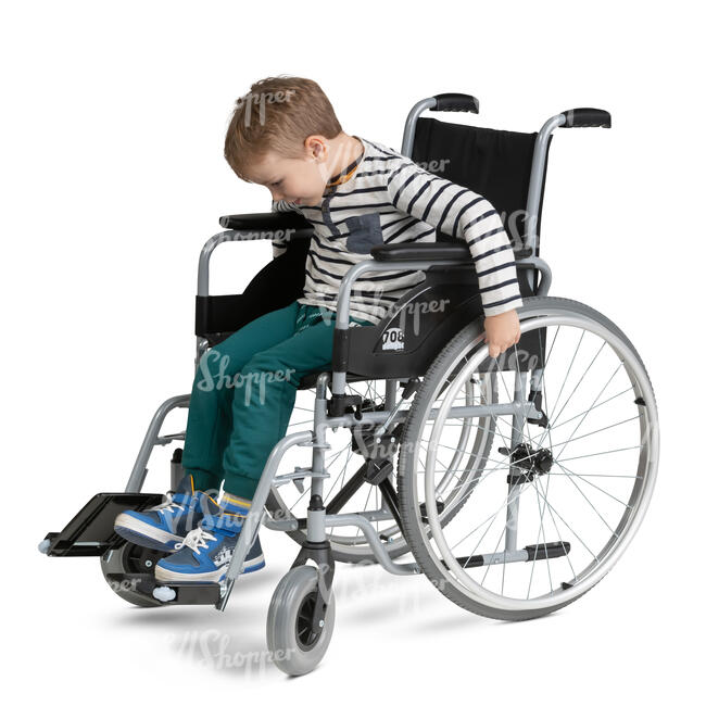 cut out little boy trying to ride a wheelchair