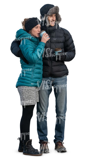 cut out couple in winter clothes standing outside and drinking coffee ...