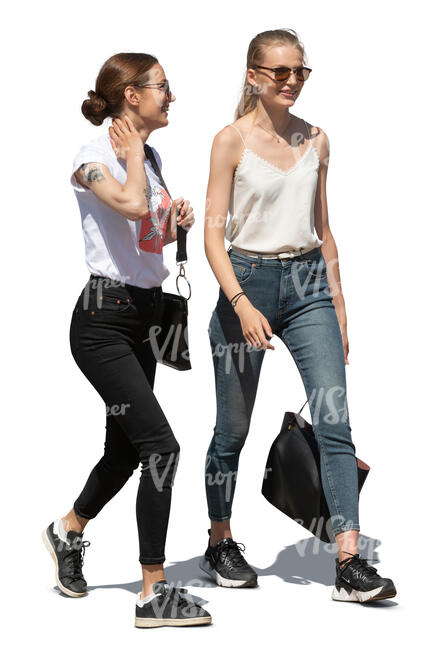 two cut out young women walking and talking