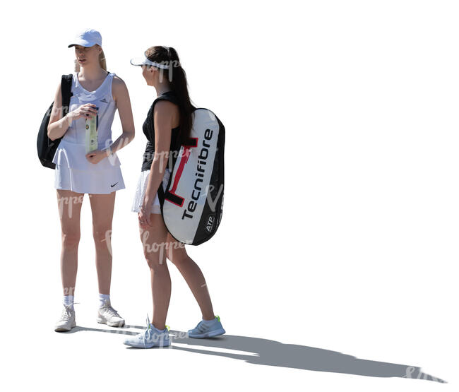 two cut out female tennis players standing and talking