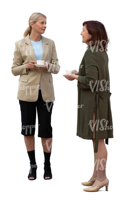 two cut out women on a coffee break standing and talking