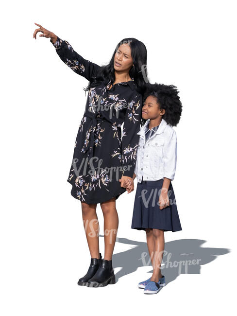 cut out woman with a daughter standing and pointing up