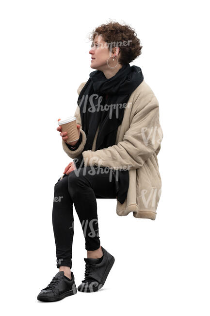 cut out woman sitting outside and drinking coffee from a disposable cup