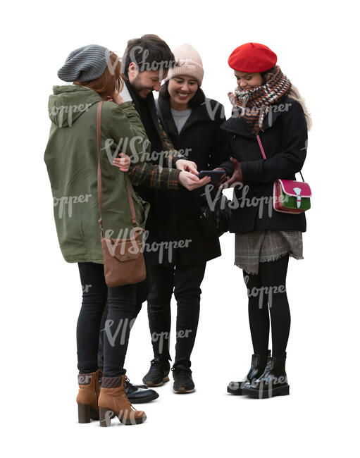 cut out group of friends standing and checking smth from the phone together