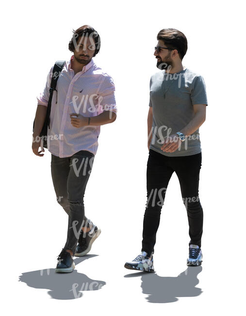 two cut out backlit dark haired men walking