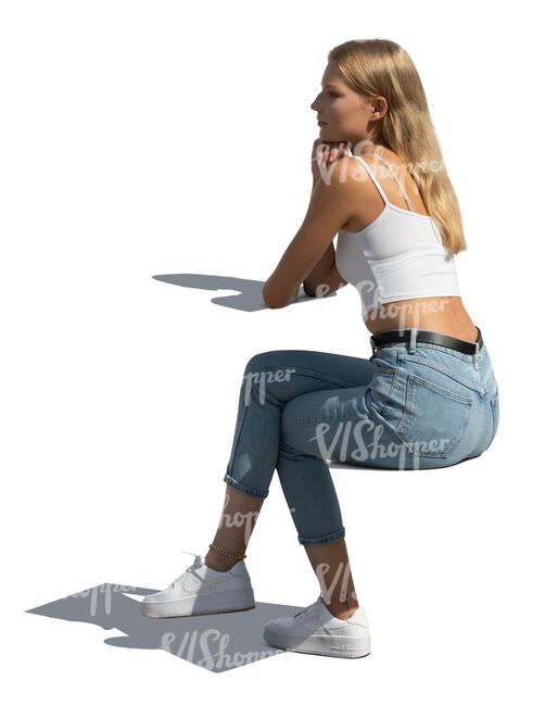 cut out woman sitting and leaning on a table