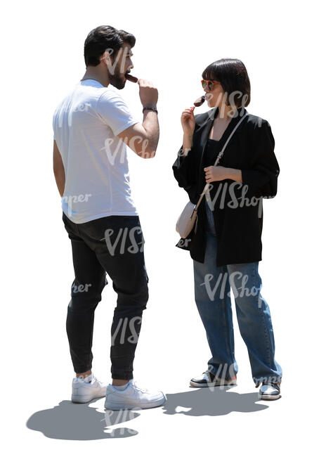 cut out backlit man and woman standing and eating ice cream