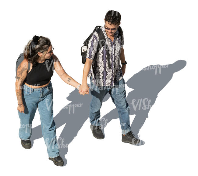 cut out couple walking hand in hand seen from above