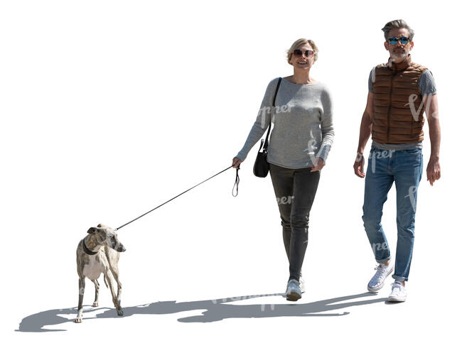 backlit man and woman walking a dog