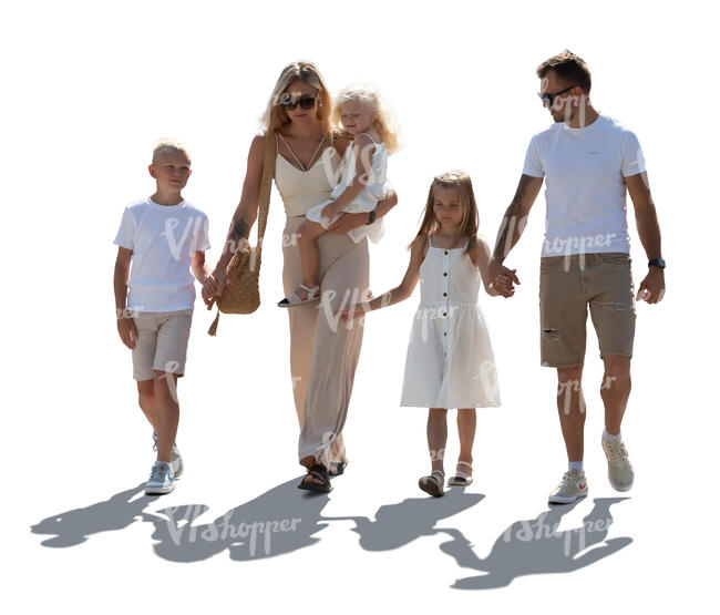 backlit family with three kids walking