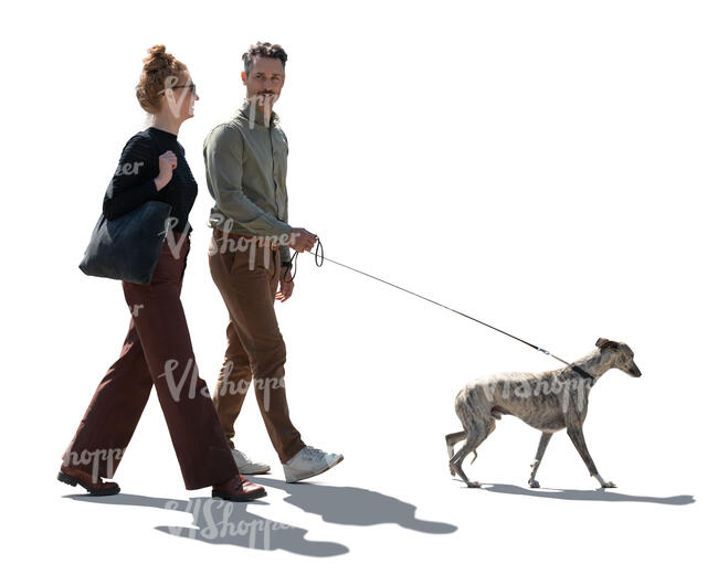 backlit man and woman walking with a dog - VIShopper