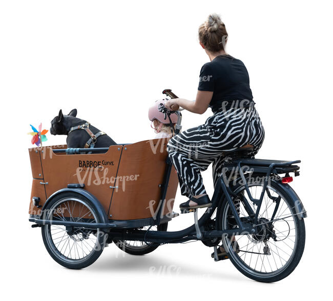 woman riding a cargo bike with a little girl and a dog sitting in the box