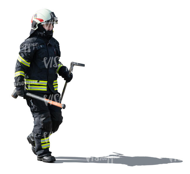 firefighter carrying tools walking