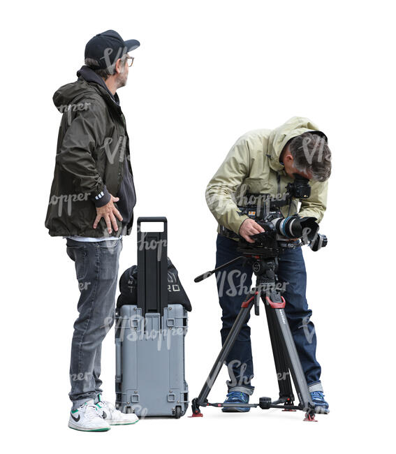 two men setting up a tripod with photo camera