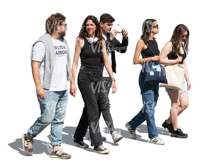 group of five people walking