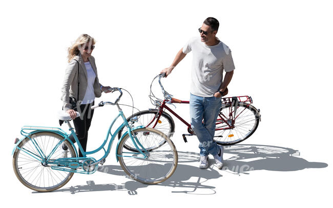 Top view of a two people with bikes standing