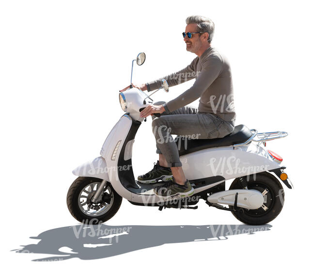 cut out backlit grey haired man riding a white motor scooter