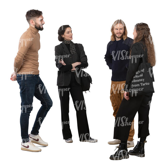 group of four people standing and talking