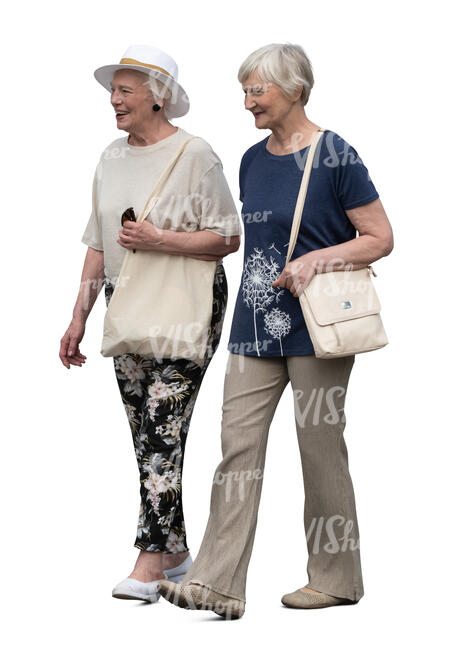 two cut out elderly women walking happily