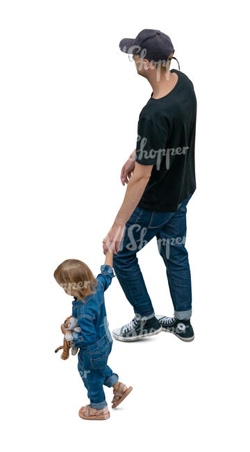 top view of father and daughter walking hand in hand