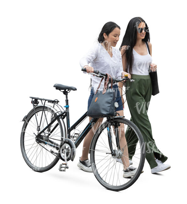 two women with bicycle walking