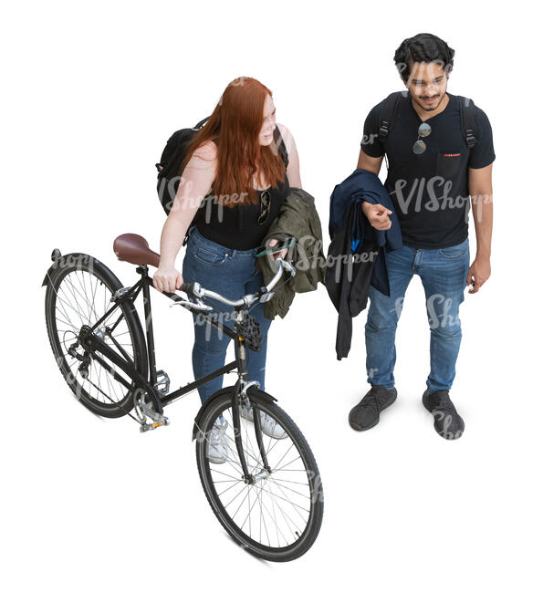 top view of woman with a bike standing side by side with her friend