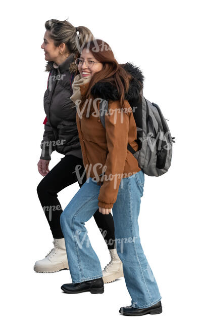 two women walking up the stairs