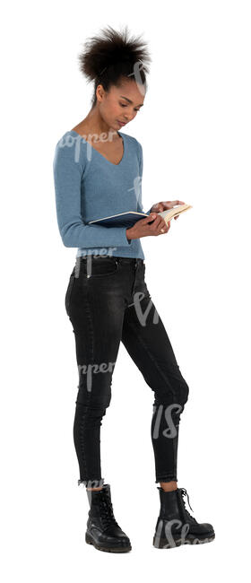 cut out young black woman standing and reading a book