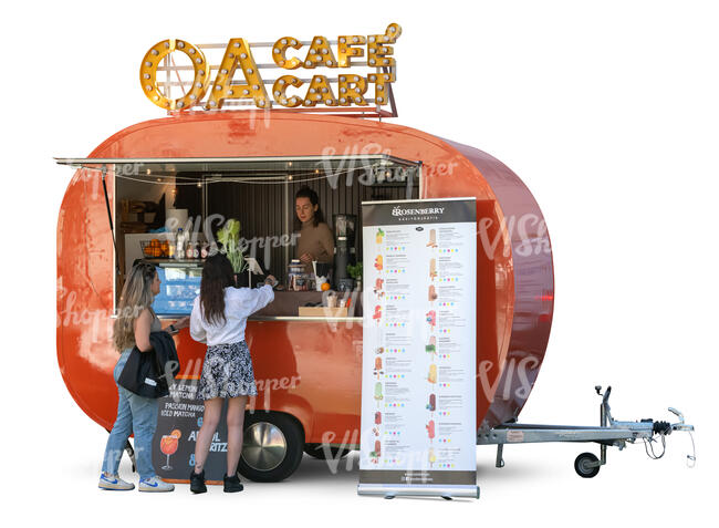 two women buying ice cream from a food trailer