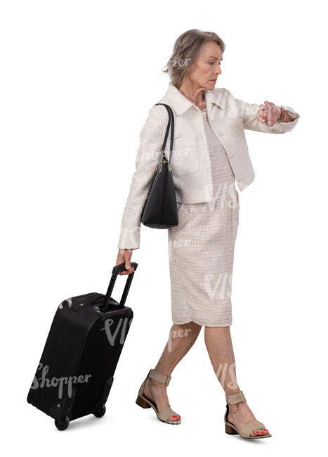 cut out grey haired older woman with a travel suitcase walking