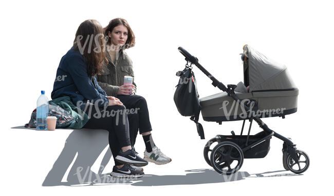 two women with a baby carriage sitting and talking