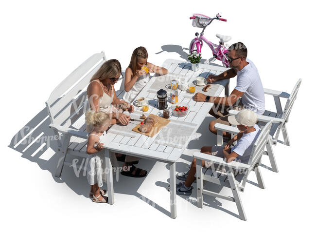 top view of a family eating breakfast outside in summer