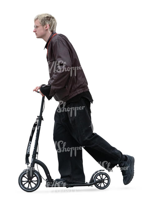 cut out young man riding a scooter