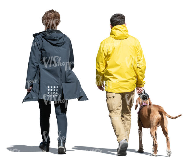 man and woman walking a dog