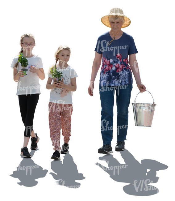 cut out grandmother with two grandchildren doing gardening