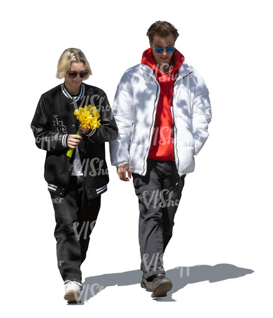 young man and woman with bouquet of flowers walking