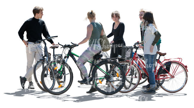 cut out backlit group of five people with bikes standing and talking