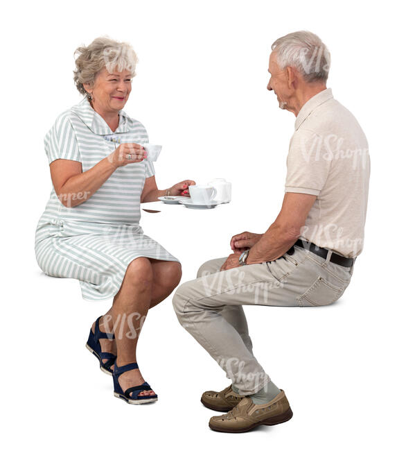 cut out elderly couple sitting in a cafe and drinking coffee