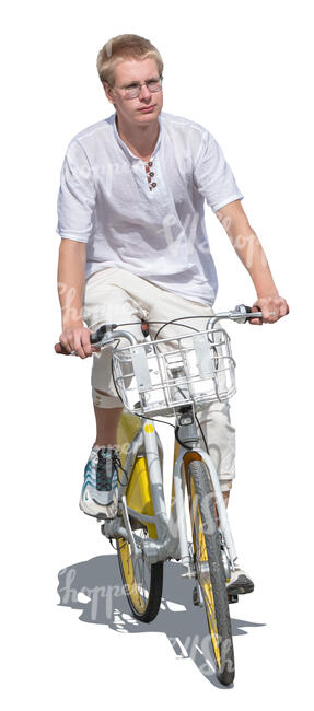 cut out young man in white summer clothes riding a bike