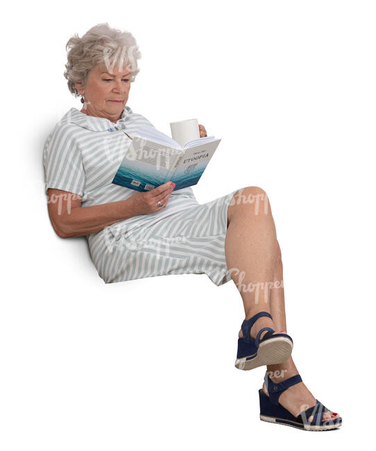 cut out older grey haired woman sitting and reading