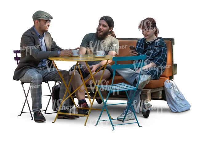 cut out group of friends sitting in a hispter cafe in partial shade