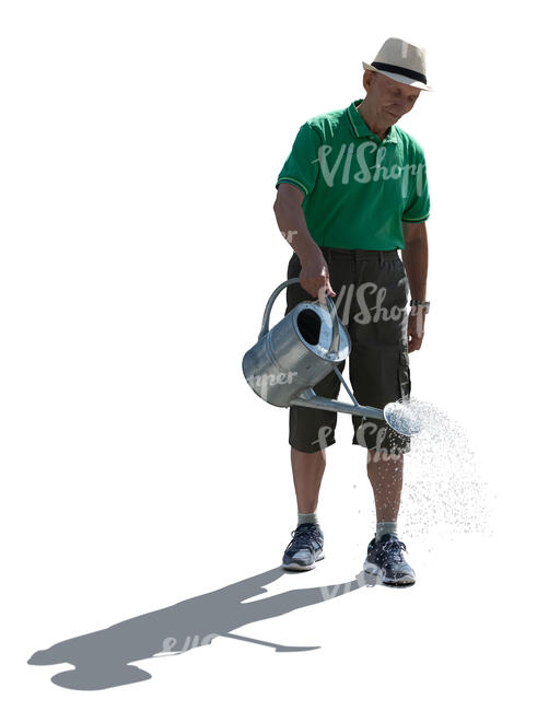 cut out backlit older man watering plants in the garden