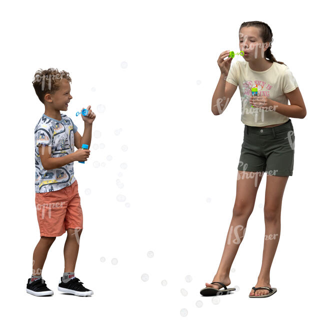 two cut out children blowing soap bubbles