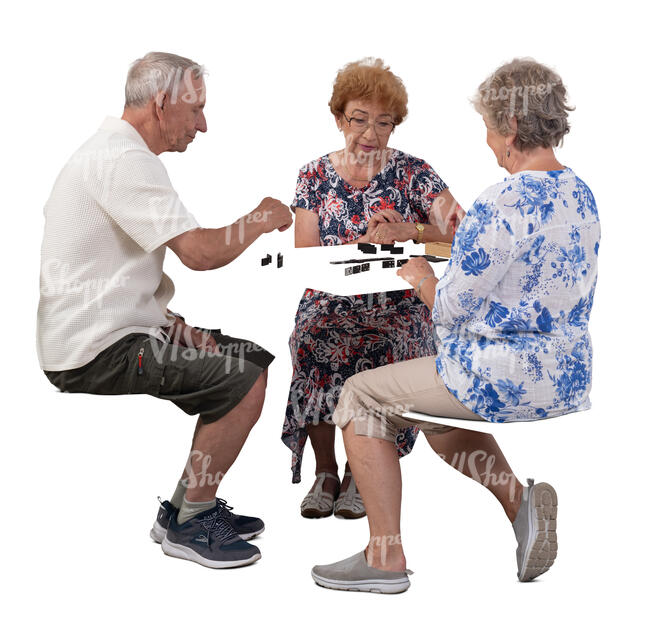 cut out group of three senior people sitting and playing domino