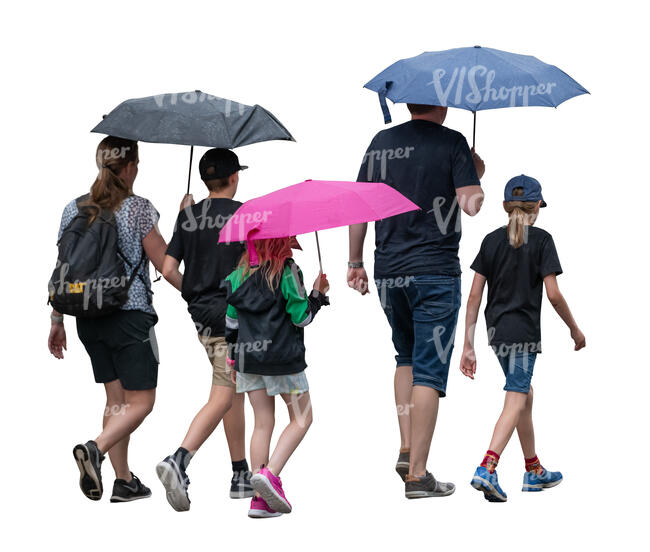 cut out group of family people with umbrellas walking in the summer rain